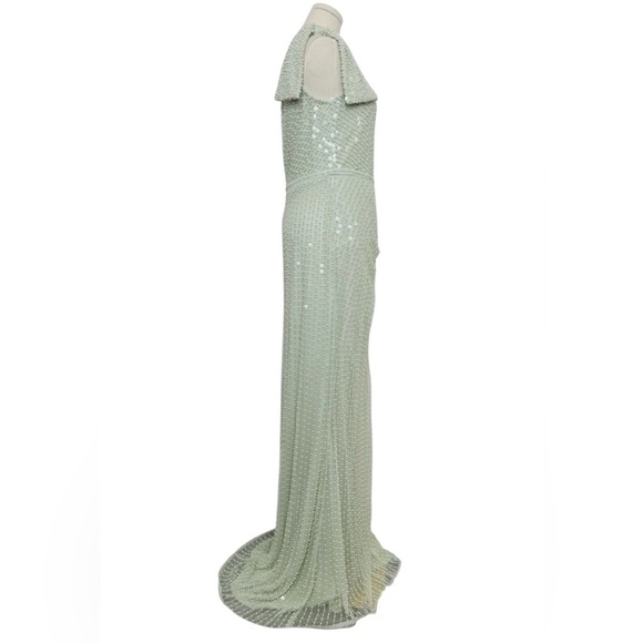 NWT $598 Mac Duggal Pearl Embellished Soft Tie One Shoulder Gown Mint Green Teal - Picture 9 of 14